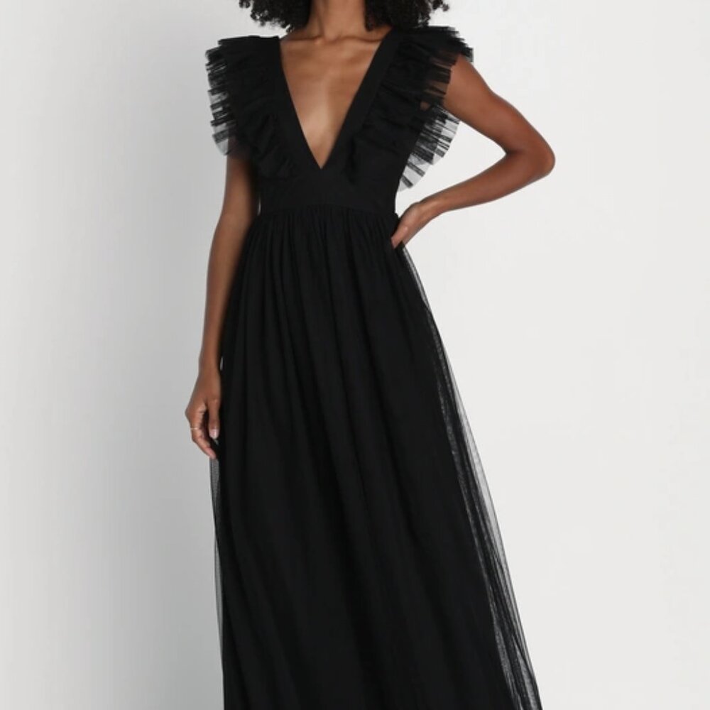 Lulus Simply Delighted Black Mesh Ruffled Backless Maxi Dress